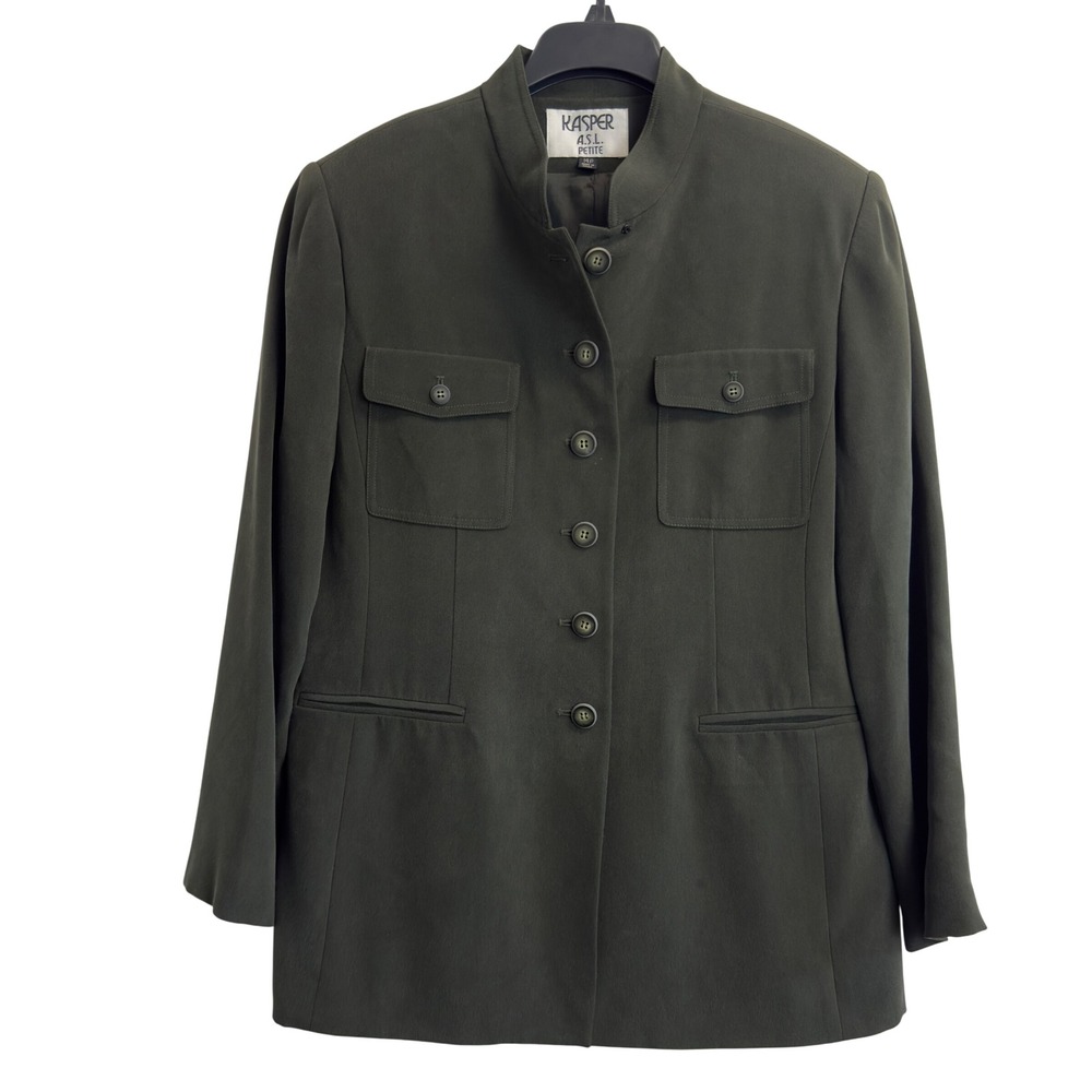 Kasper ASL Petite 14P Silk Military Blazer Olive Green Mandarin Collar Jacket
